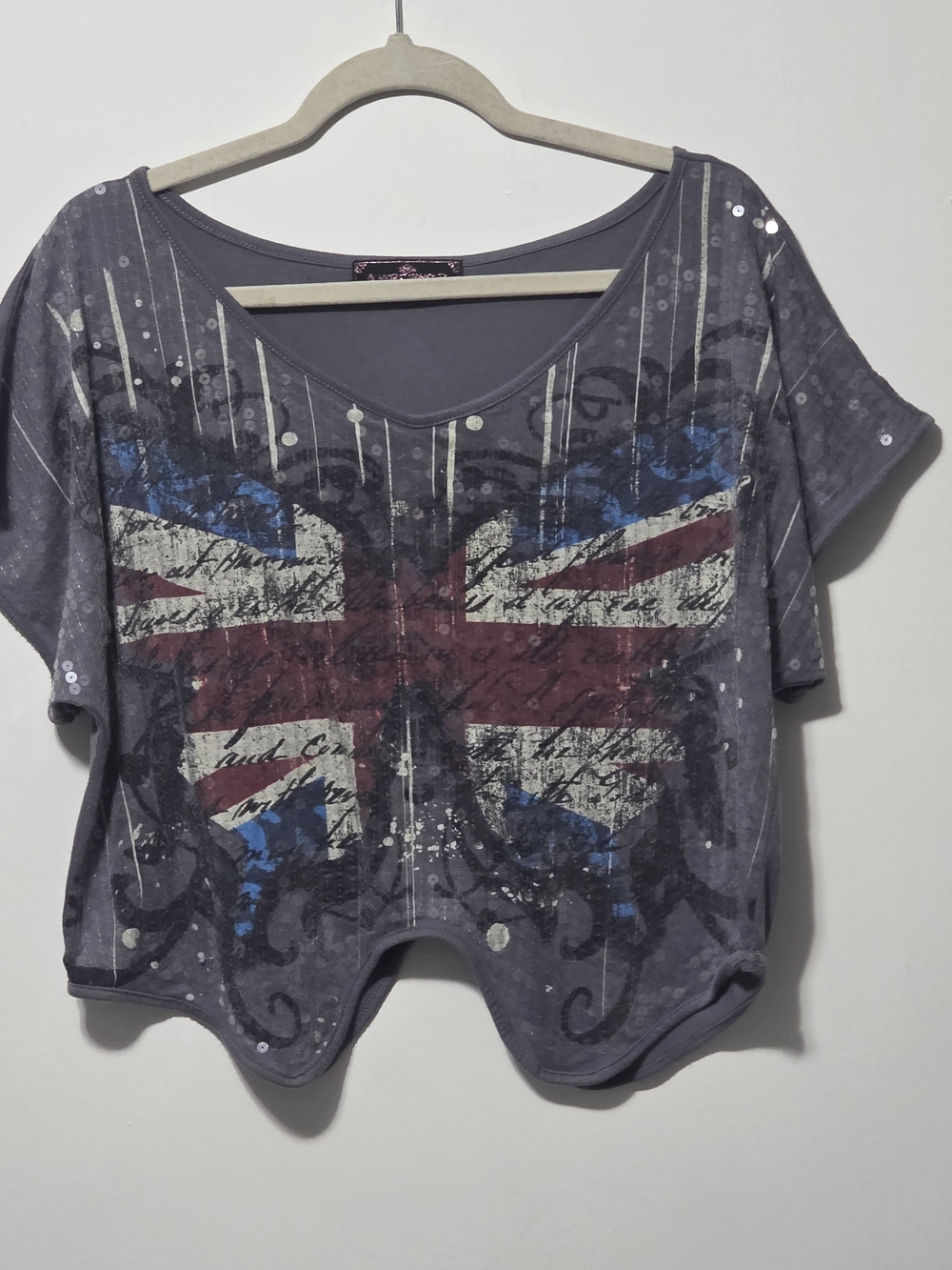 Almost Famous Gray Crop Top with Union Jack Graphic